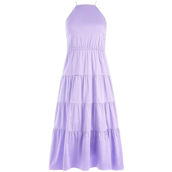 Alice & Olivia Hartley Bow Tie Open Back Tiered Lavender Halter Midi Dress - Picture 2 of 8